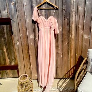 Fame and Partners NWT Pink Peach formal dress, pleated off the shoulder sleeves